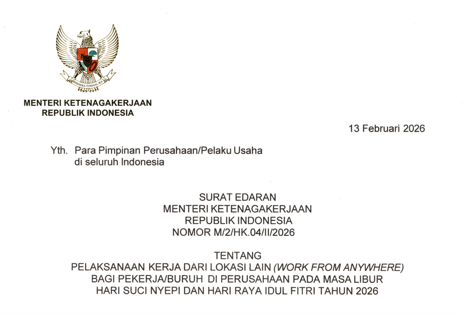 Pemerintah Terbitkan SE WFA Jelang Nyepi dan Idulfitri 2026, Berlaku Maret